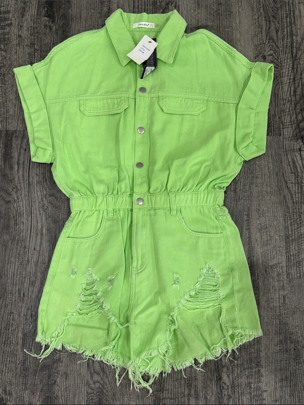 Neon Green Distressed Short-Sleeve Romper